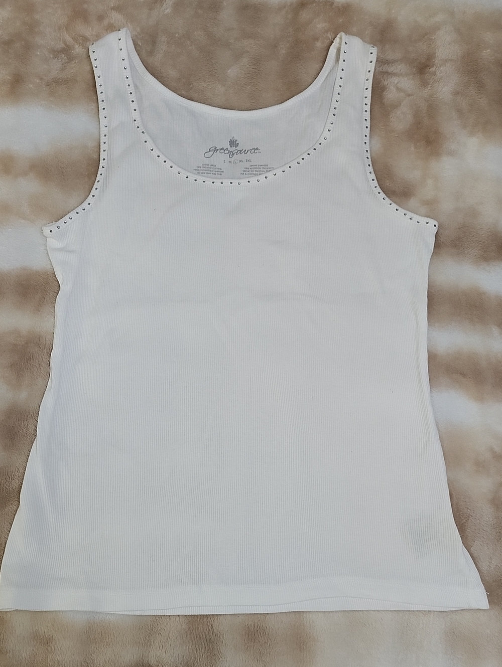 NWOT White Ribbed Tank Top With Rhinestone Accents Organic Cotton